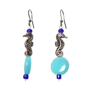Seahorse on Ocean Blue Glass Circle Earrings
